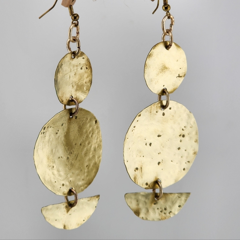 BRASS HAMMERED DANGLING EARRINGS HANDMADE STATEMENT JEWELRY